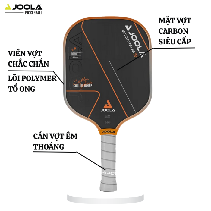 Vợt Pickleball Joola Collin Johns Scorpeus 3 16mm, công nghệ Feel-Tec Pure Grip, kiểm soát bóng tốt, chính hãng