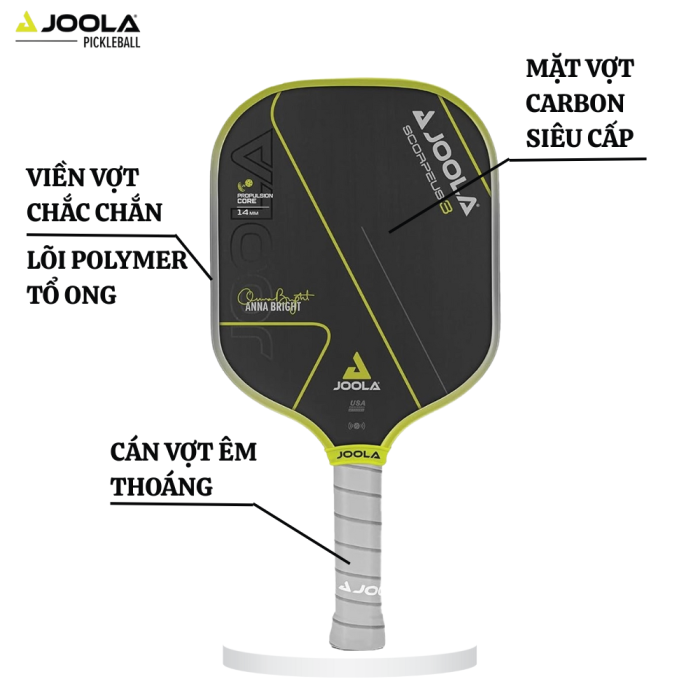Vợt Pickleball Joola Anna Bright Scorpeus 3 14mm, công nghệ Charged Carbon Surface, kiểm soát bóng tốt, tạo xoáy, vợt chuyên nghiệp