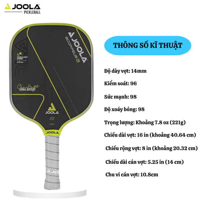Vợt Pickleball Joola Anna Bright Scorpeus 3 14mm, công nghệ Charged Carbon Surface, kiểm soát bóng tốt, tạo xoáy, vợt chuyên nghiệp