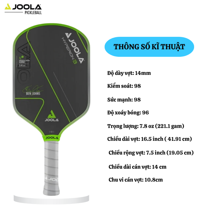 Vợt Pickleball Joola Ben Johns Hyperion 3 14mm, Vợt Chuyên Nghiệp, Đập Cầu Uy Lực, Spin Hiệu Quả