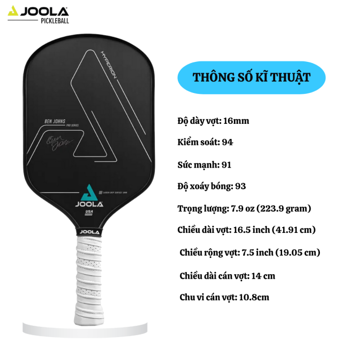 Vợt Pickleball Joola Ben Johns Hyperion CGS 16mm, Công Nghệ Tạo Xoáy, Lõi Reactive Polymer, Uy Lực