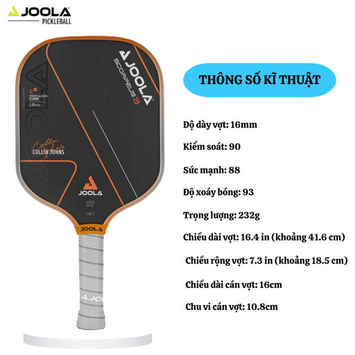 Vợt Pickleball Joola Collin Johns Scorpeus 3 16mm, công nghệ Feel-Tec Pure Grip, kiểm soát bóng tốt, chính hãng