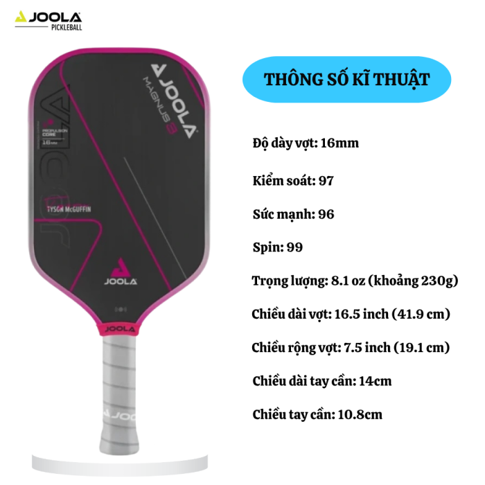 Vợt Pickleball Joola Tyson McGuffin Magnus 3 16mm, Cân Bằng Sức Mạnh, Đỉnh Cao Toàn Diện, Tạo Xoáy Tối Đa